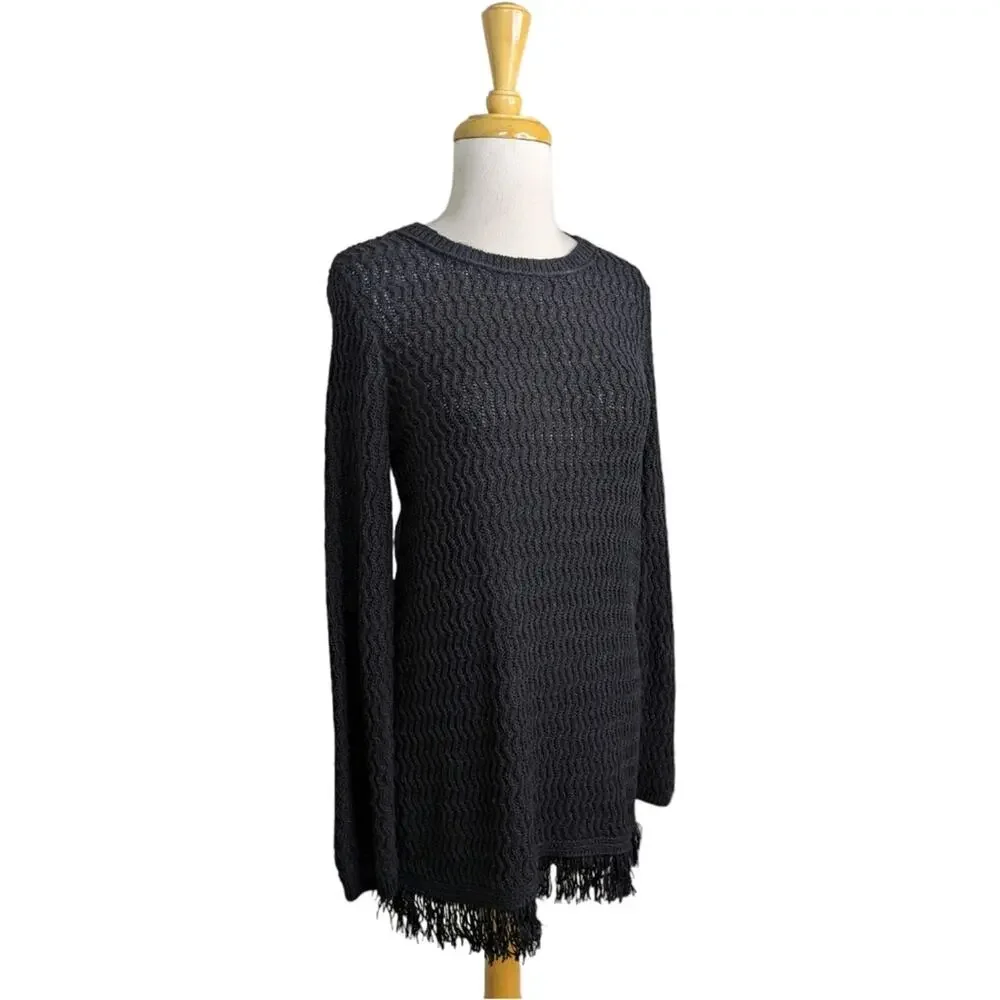 NEW J. Jill Fringe Tunic Sweater XS Black Knit Textured Pullover Cotton Blend
